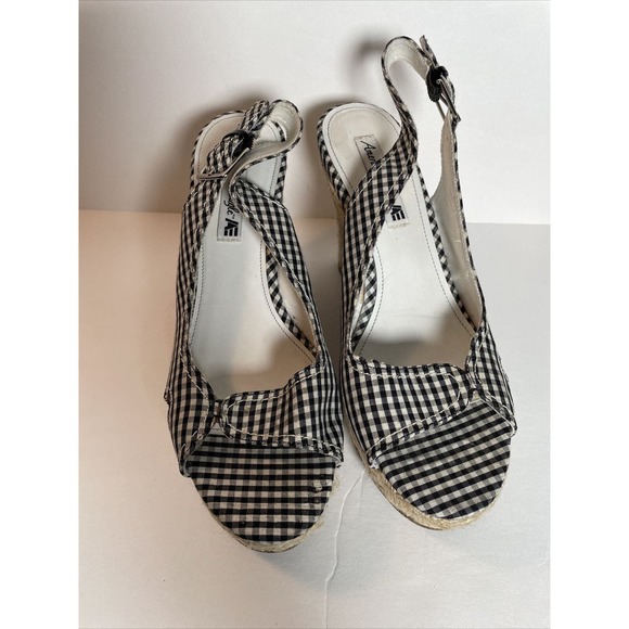 American Eagle Black Gingham Slingback Buckle Wedge Espadrilles Sandal Size 9 - Picture 6 of 14
